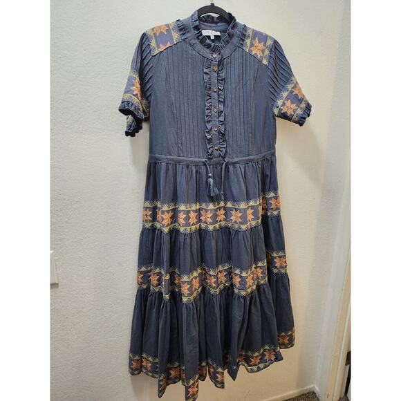 IVY CITY Co. Maxi Dress Short‎ Sleeve Embroidery 100% cotton Gray size M Boho - Picture 11 of 11